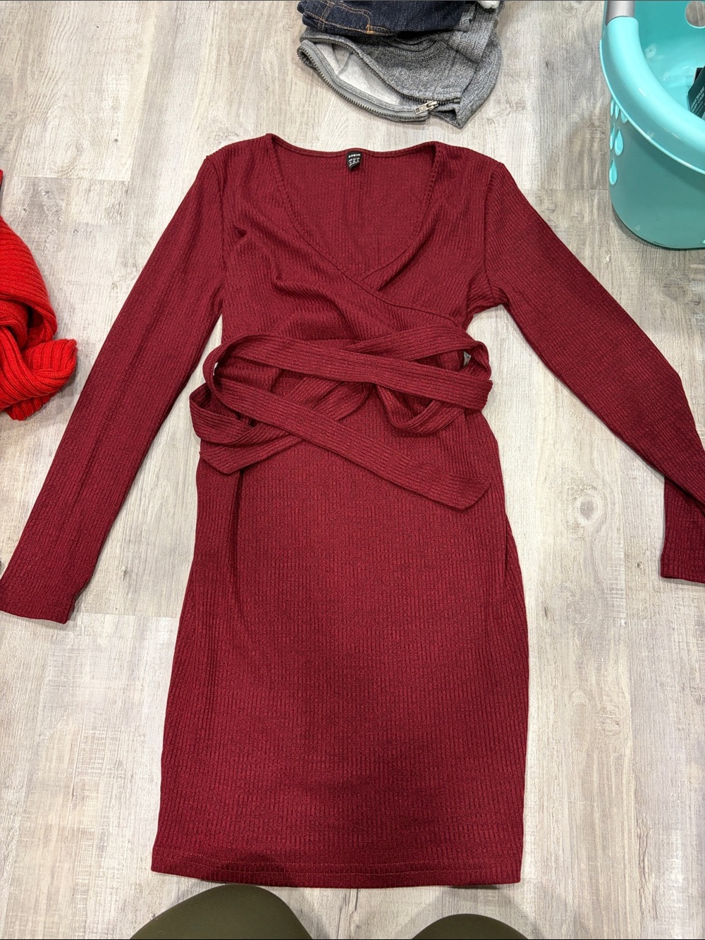 Long Sleeve Wrap Knit Dress in Burgundy maternity